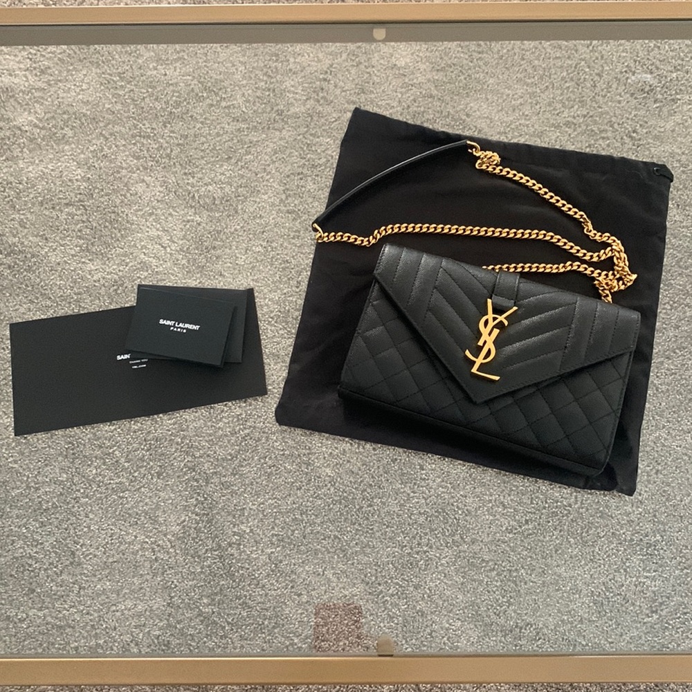 YSL 2022 Black Envelope Small Bag in matelasse grain de poudre embossed leather